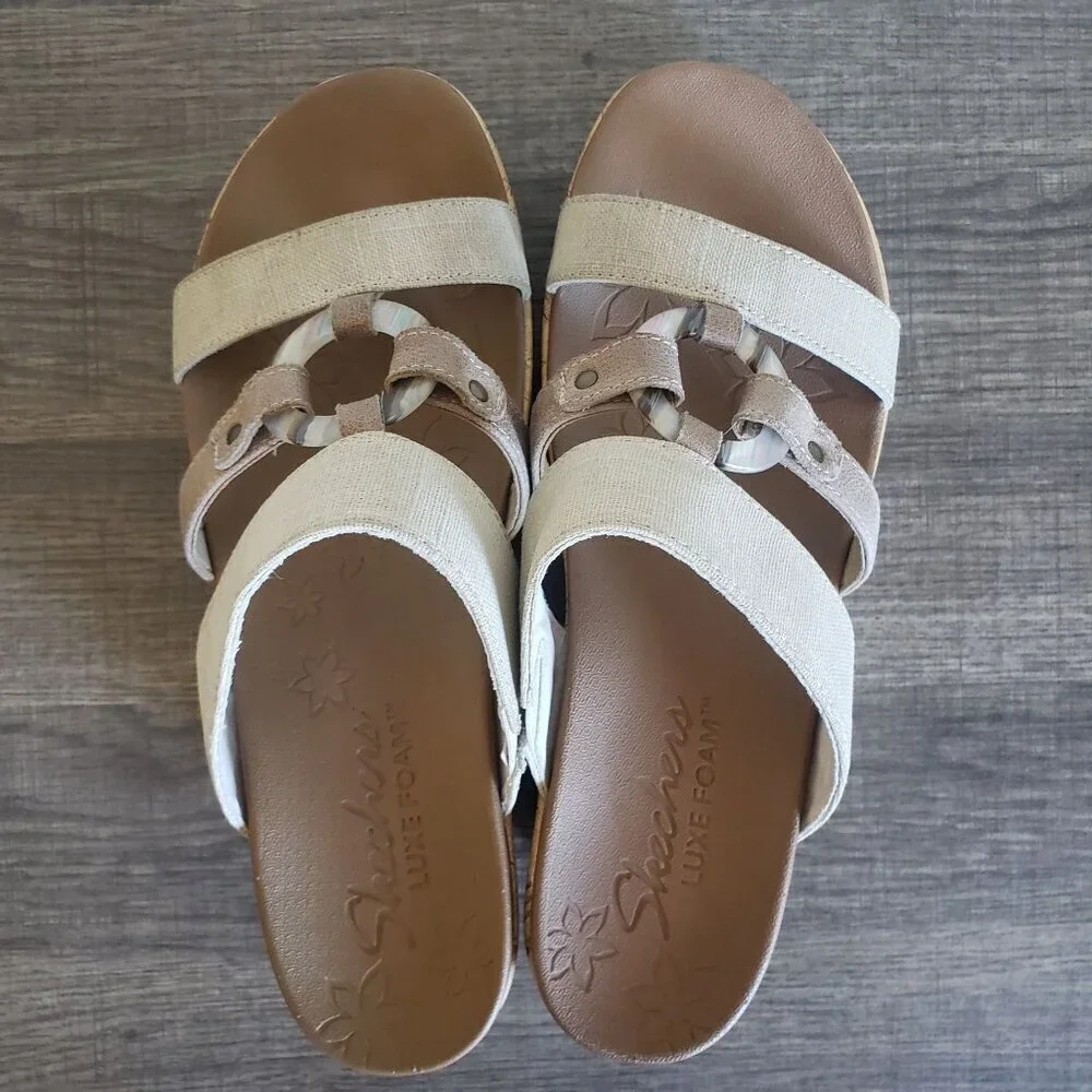Skechers Beverlee Sail Away Slip-On Canvas Wedge Sandals Natural Size Women's 10